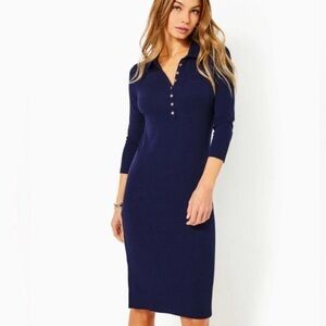 Lilly Pulitzer Reema 3/4 Sleeve Knee Length Navy Stretch Polo Dress